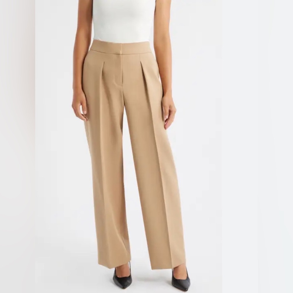 Anne Klein High-Rise Pleated‎ Wide-Leg Ultra-Fine-Twill Pants Brown size S